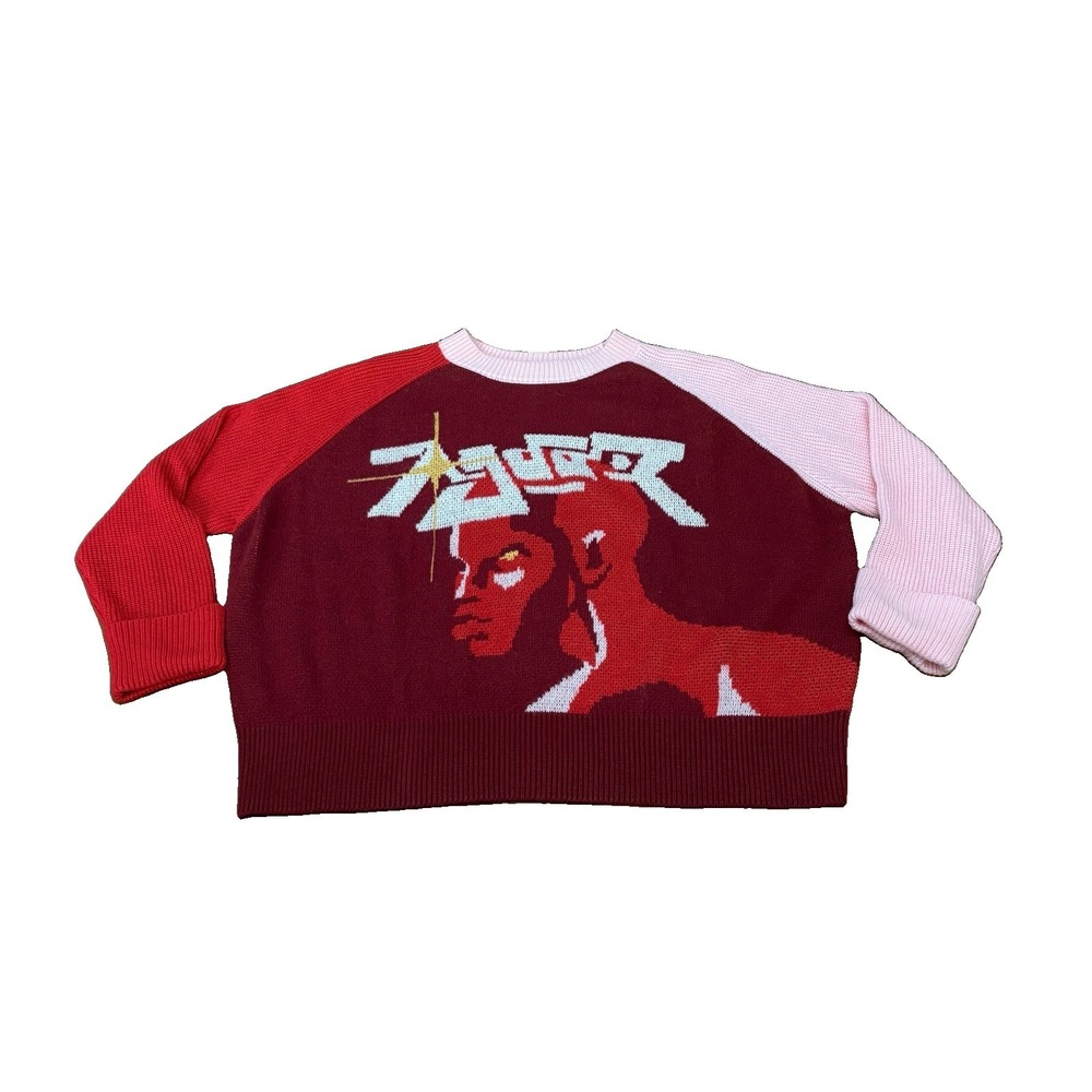 AjaarTraverser Y2K Graphic Knit Sweater S/M Burgundy Retro Streetwear Wool